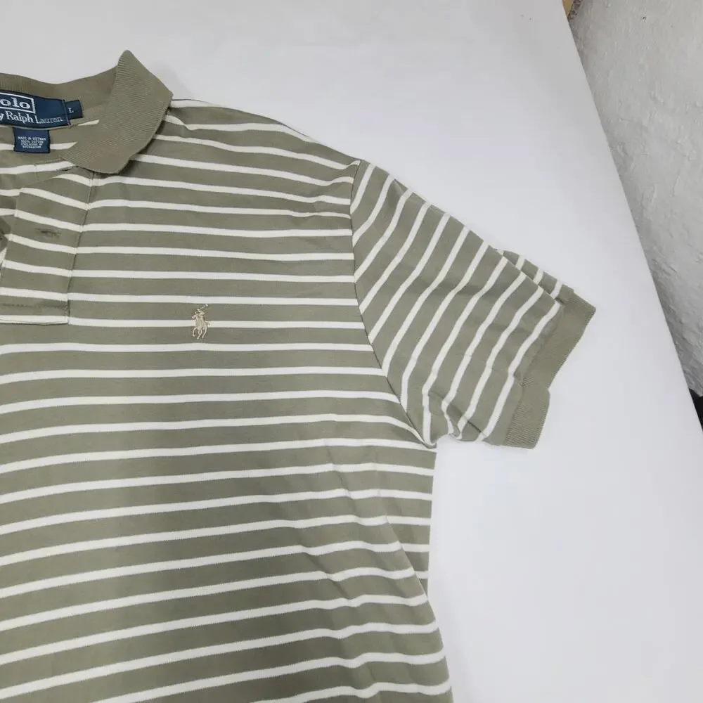 Polo Ralph Lauren men's short-sleeved polo shirt Green White Stripe Cotton L